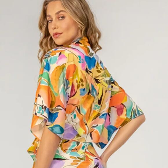 Lavender Brown Adele Tie Front Top Shrug Nude Orange Print #AYL7810N39 Small NEW - Picture 2 of 9